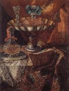 unknow artist Still life of a wine glass and bottle in a parcel gilt tazza together with a glass decanter on a pewter dish upon a draped tabletop Spain oil painting reproduction